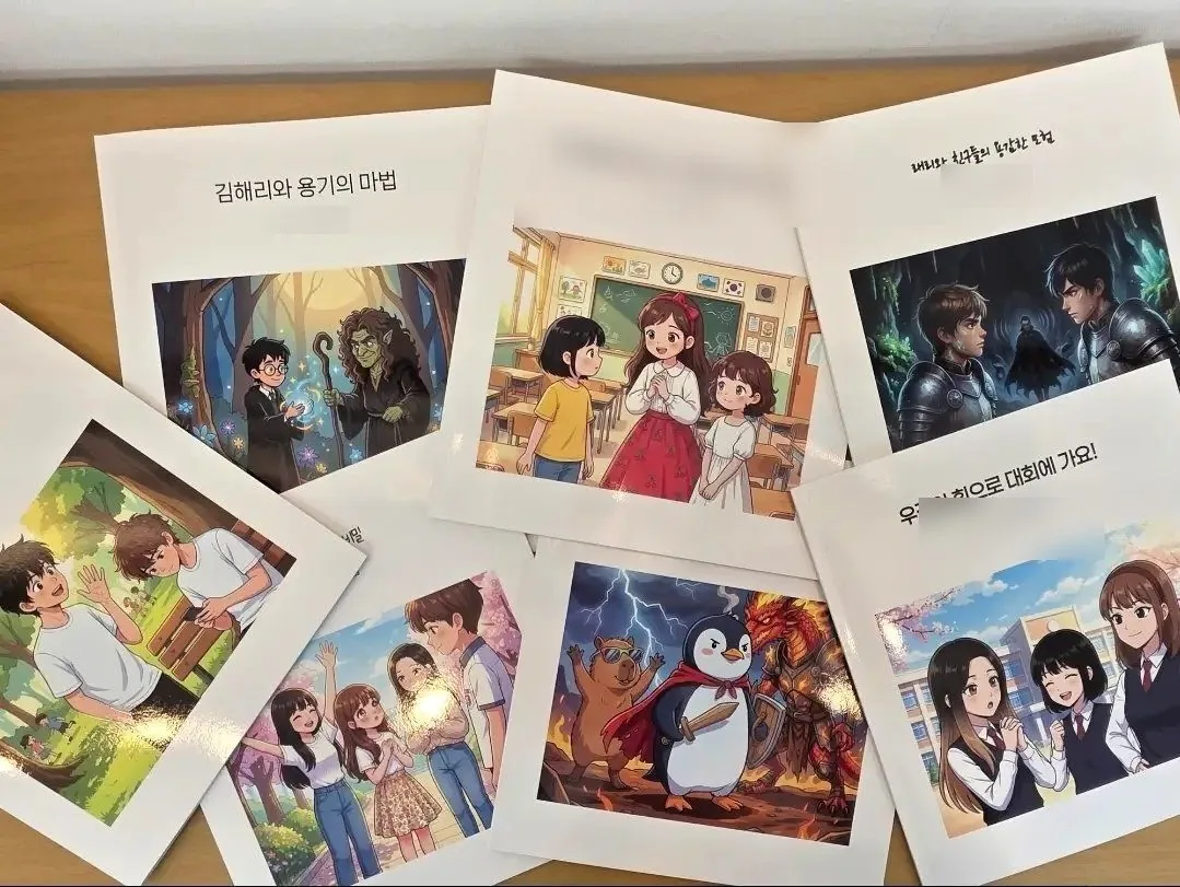 아이들이 생성형 AI로 직접 만든 동화책 표지들 (작가 이름은 가림)