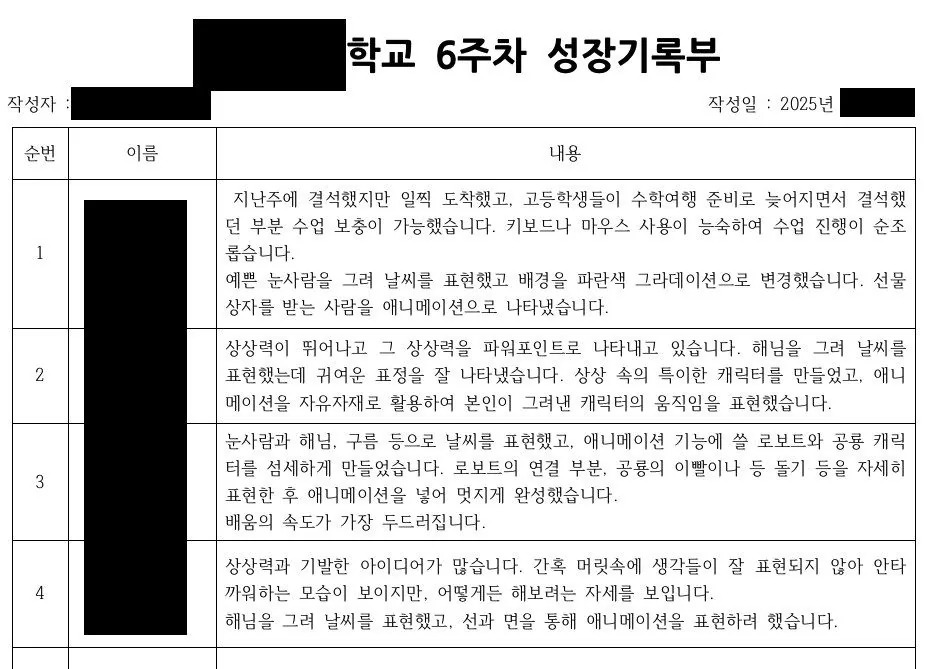 강사가 아이마다 매주 쓰는 성장기록부 (이름 가림)