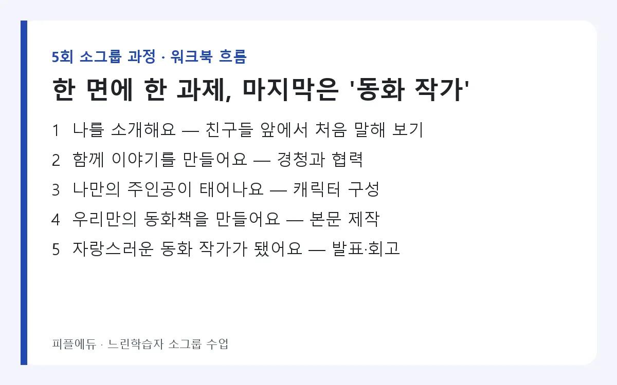 5회 과정의 워크북 흐름(회차마다 한 가지 과제)