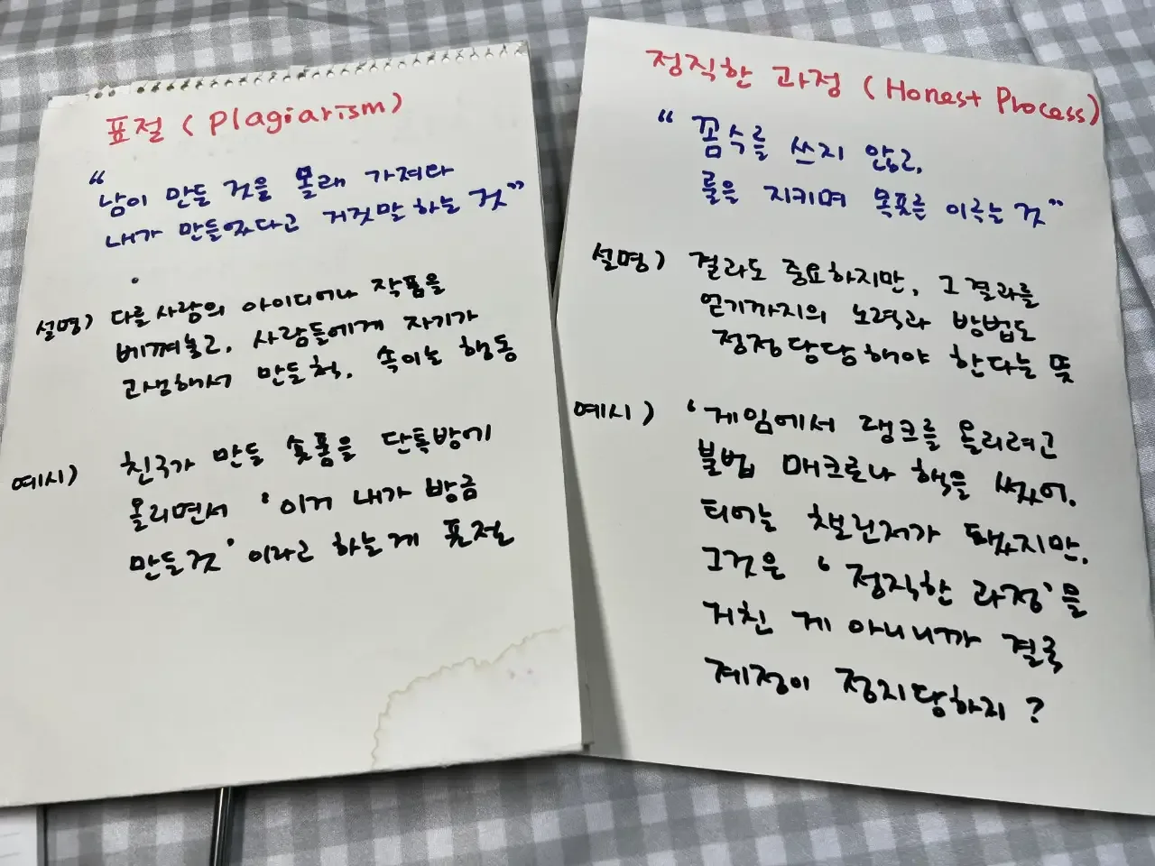 표절과 정직한 교정에 대해 손으로 쓴 토론 노트